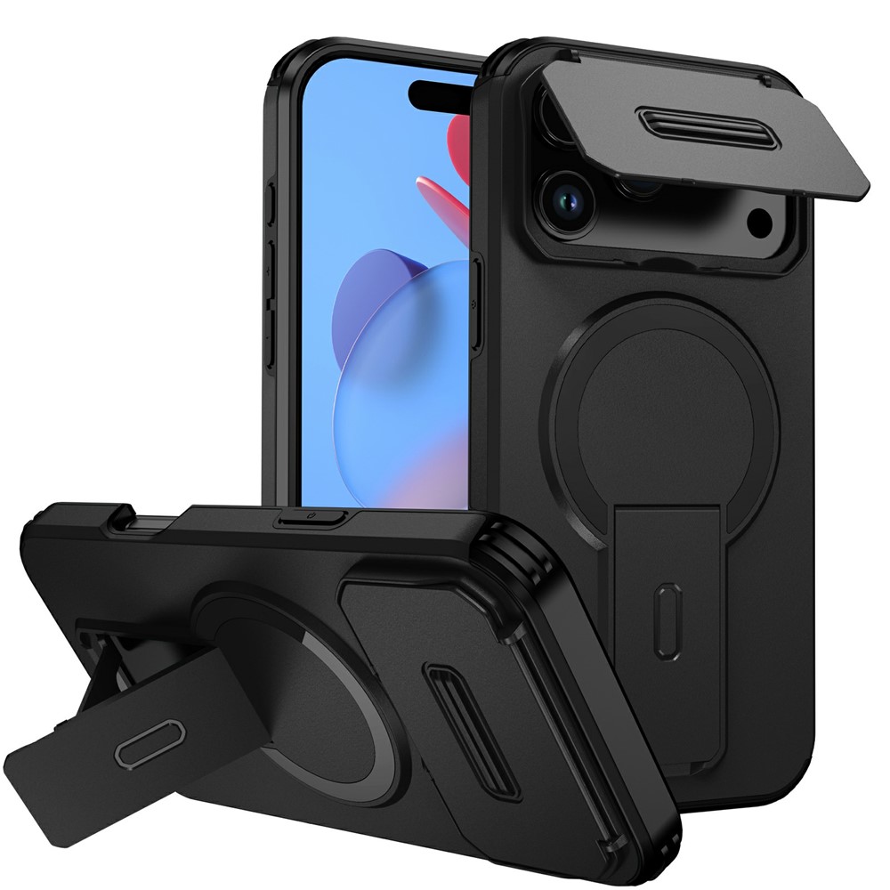 Bulk Purchasing For iPhone 17 Pro Magnetic Phone Case PC + TPU Cover with Hidden Kickstand and Sliding Camera Cover - Black