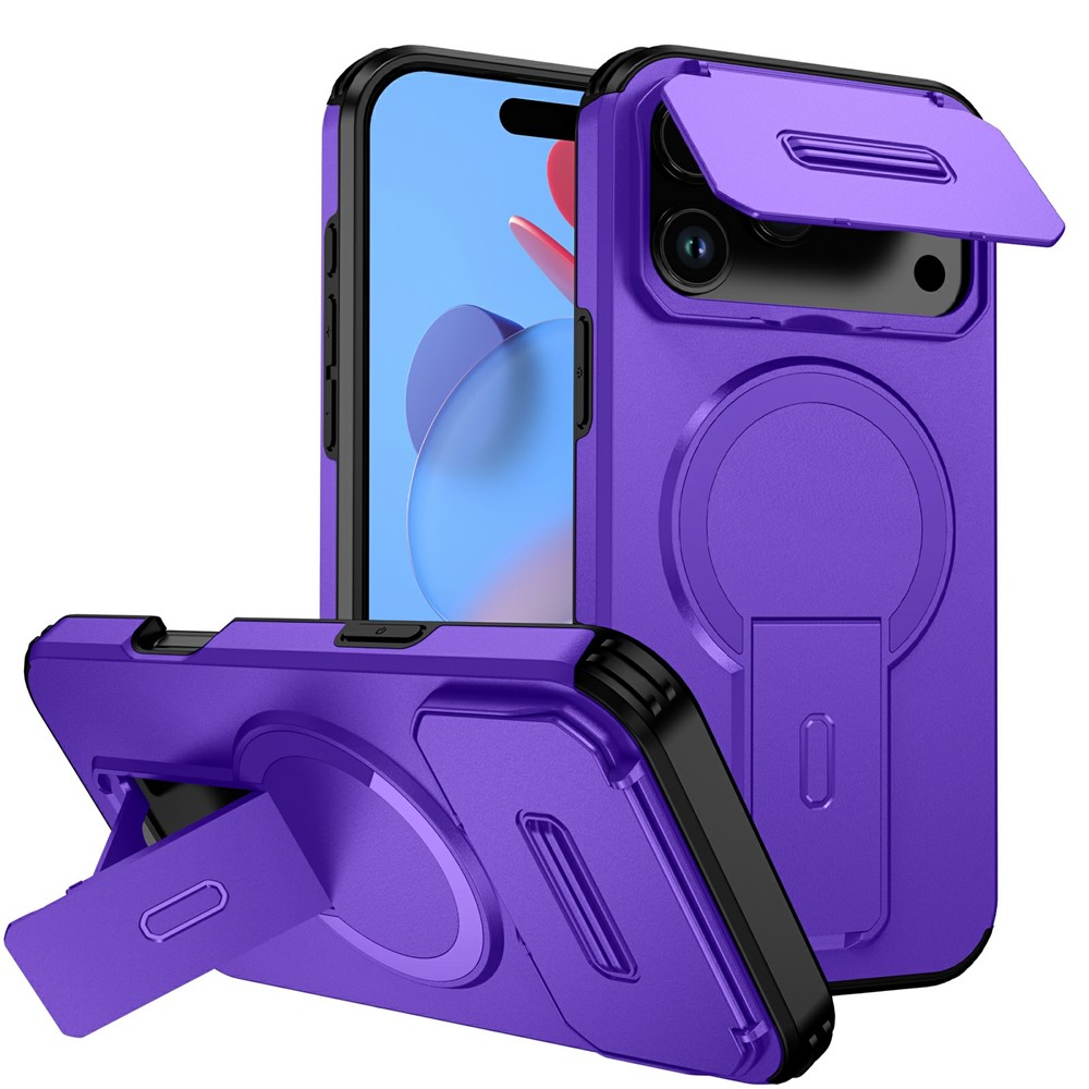Bulk Purchasing For iPhone 17 Pro Magnetic Phone Case PC + TPU Cover with Hidden Kickstand and Sliding Camera Cover - Purple