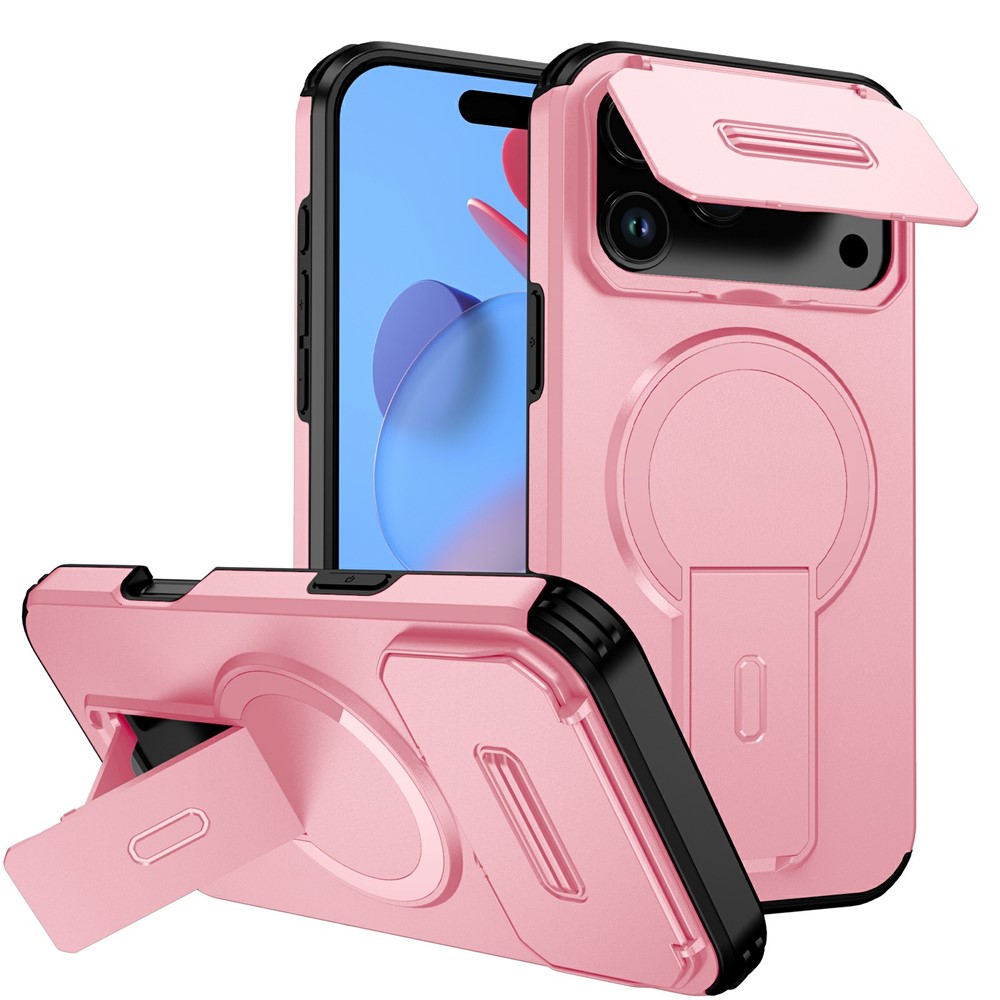Bulk Purchasing For iPhone 17 Pro Max Magnetic Phone Case PC + TPU Cover with Hidden Kickstand and Sliding Camera Cover - Pink