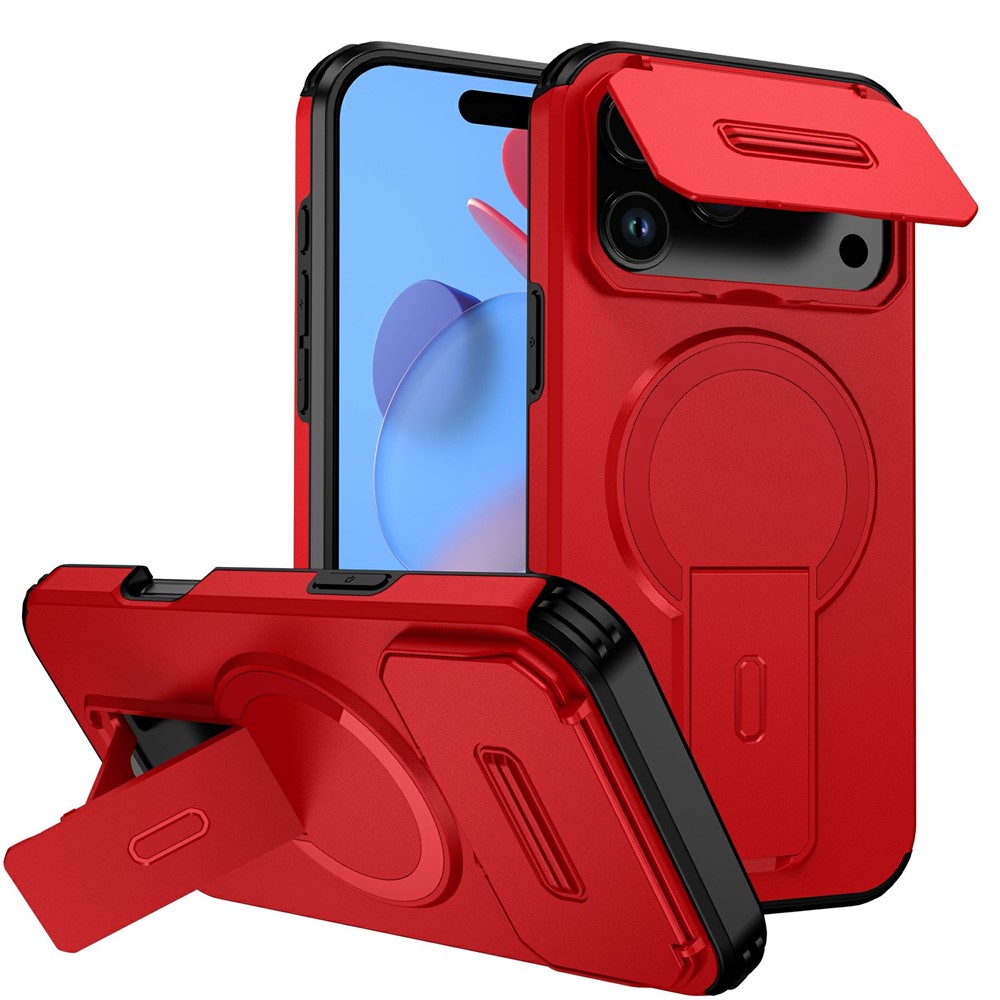 Bulk Purchasing For iPhone 17 Pro Max Magnetic Phone Case PC + TPU Cover with Hidden Kickstand and Sliding Camera Cover - Red