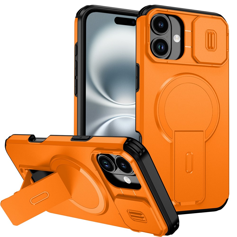 Bulk Purchasing For iPhone 16 Magnetic Phone Case PC + TPU Cover with Hidden Kickstand and Sliding Camera Cover - Orange