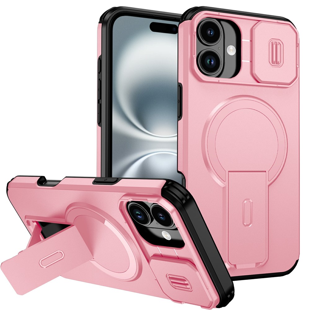 Bulk Purchasing For iPhone 16 Magnetic Phone Case PC + TPU Cover with Hidden Kickstand and Sliding Camera Cover - Pink