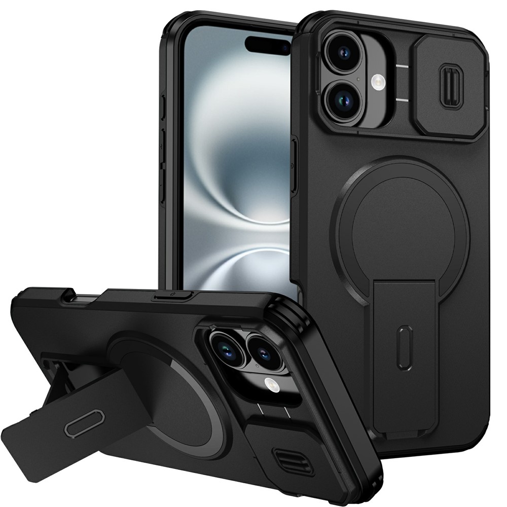 Bulk Purchasing For iPhone 16 Plus Magnetic Phone Case PC + TPU Cover with Hidden Kickstand and Sliding Camera Cover - Black