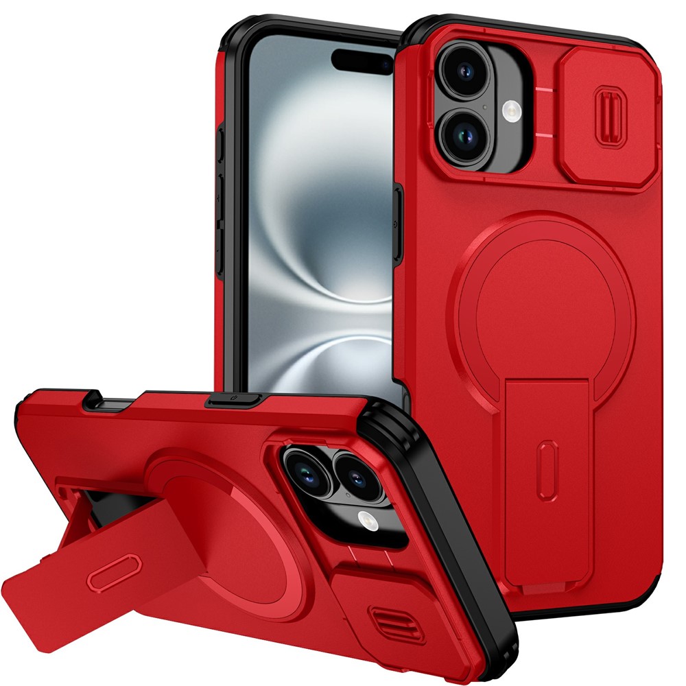 Bulk Purchasing For iPhone 16 Plus Magnetic Phone Case PC + TPU Cover with Hidden Kickstand and Sliding Camera Cover - Red