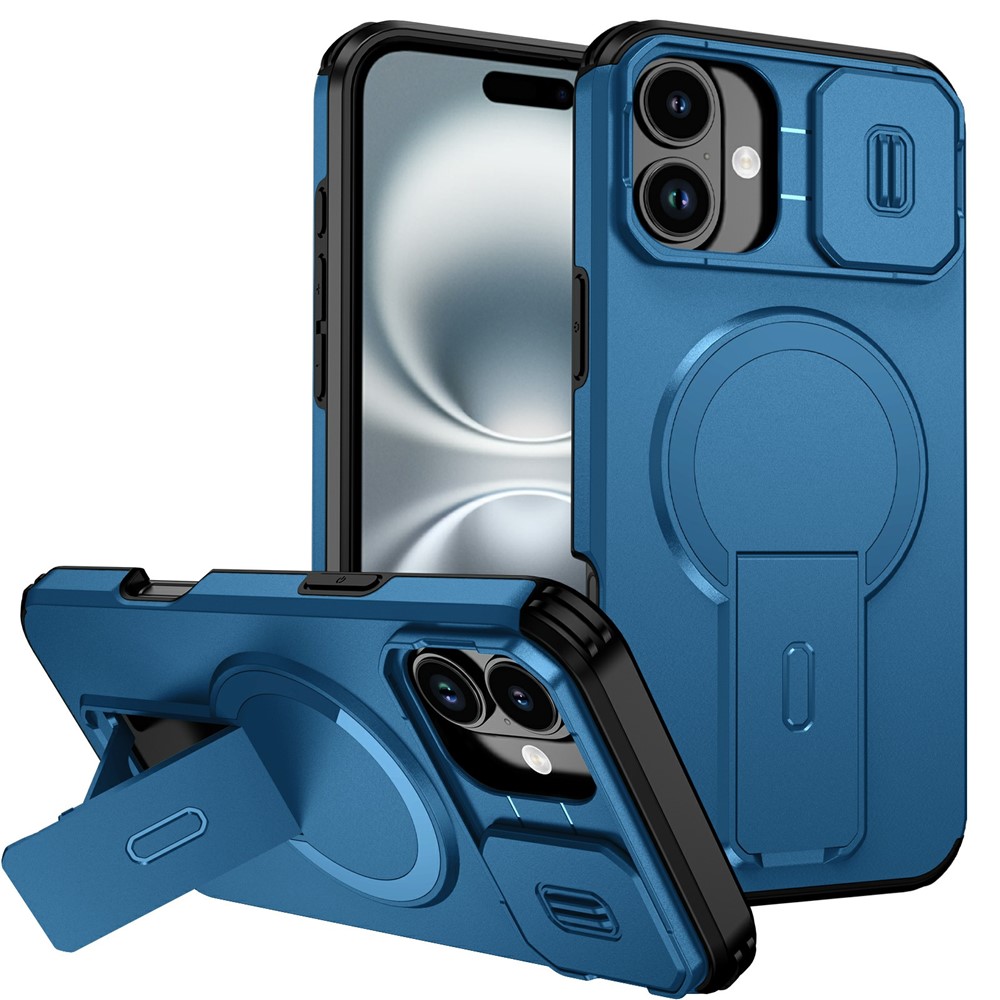 Bulk Purchasing For iPhone 16 Plus Magnetic Phone Case PC + TPU Cover with Hidden Kickstand and Sliding Camera Cover - Blue