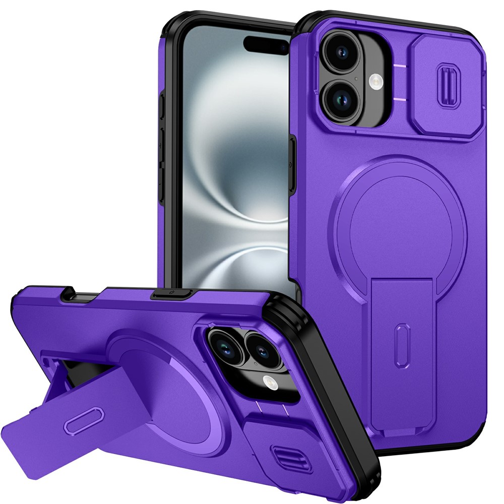 Bulk Purchasing For iPhone 16 Plus Magnetic Phone Case PC + TPU Cover with Hidden Kickstand and Sliding Camera Cover - Purple
