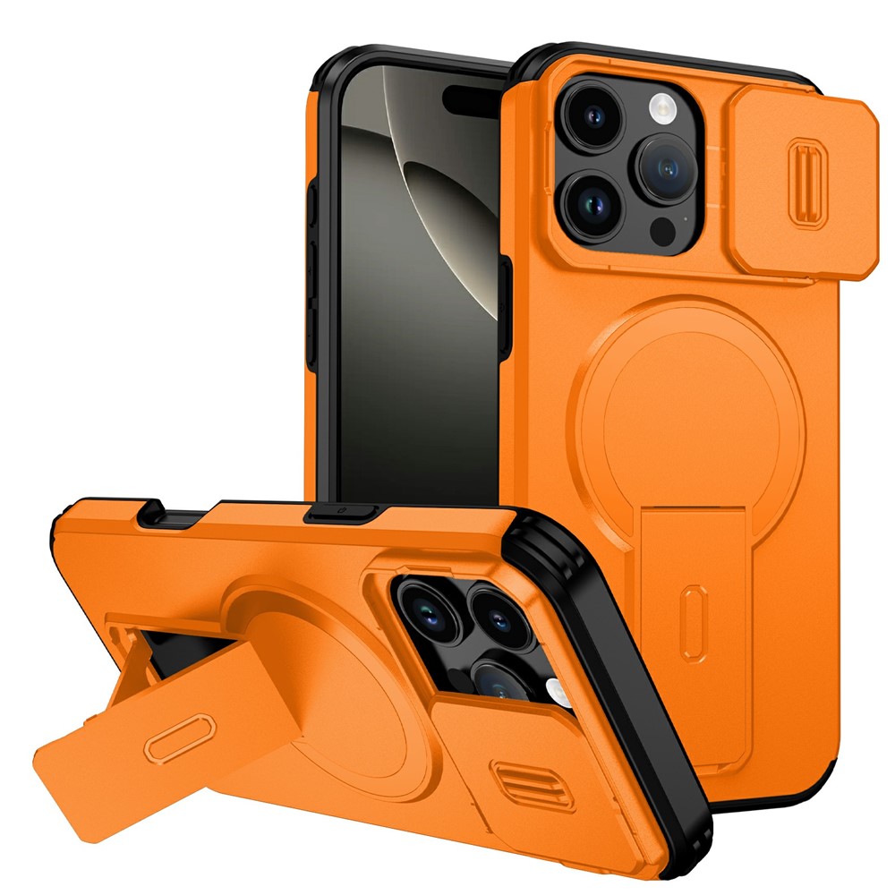 Bulk Purchasing For iPhone 16 Pro Magnetic Phone Case PC + TPU Cover with Hidden Kickstand and Sliding Camera Cover - Orange