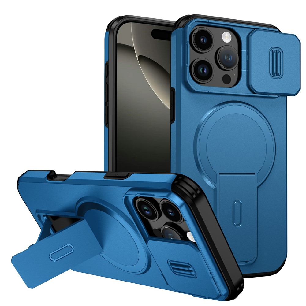 Bulk Purchasing For iPhone 16 Pro Magnetic Phone Case PC + TPU Cover with Hidden Kickstand and Sliding Camera Cover - Blue
