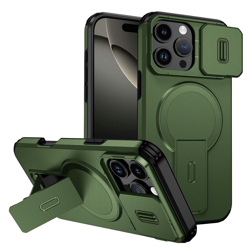 Bulk Purchasing For iPhone 16 Pro Magnetic Phone Case PC + TPU Cover with Hidden Kickstand and Sliding Camera Cover - Green