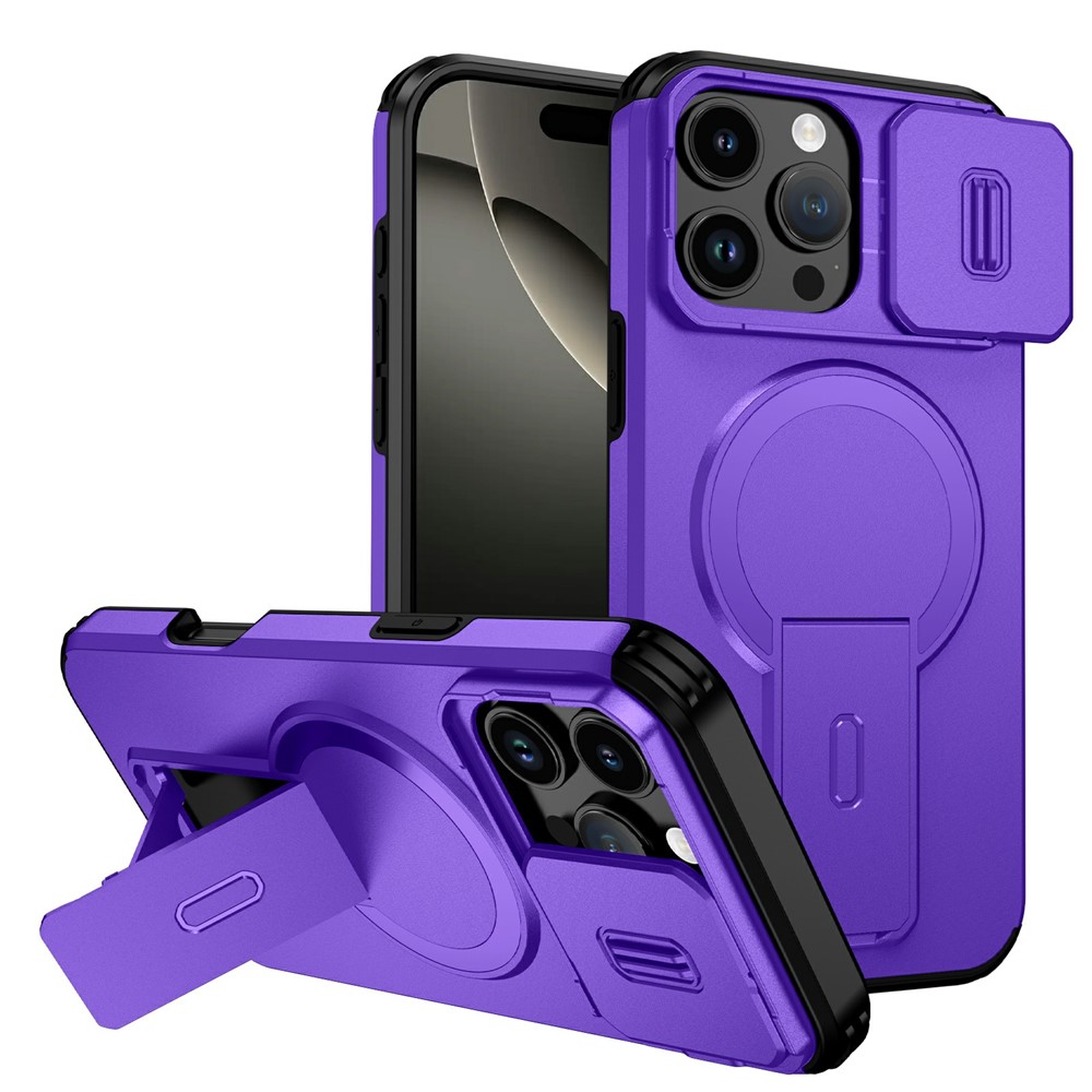 Bulk Purchasing For iPhone 16 Pro Magnetic Phone Case PC + TPU Cover with Hidden Kickstand and Sliding Camera Cover - Purple