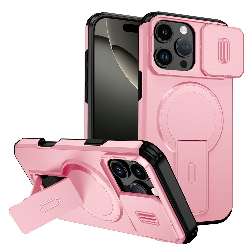 Bulk Purchasing For iPhone 16 Pro Max Magnetic Phone Case PC + TPU Cover with Hidden Kickstand and Sliding Camera Cover - Pink