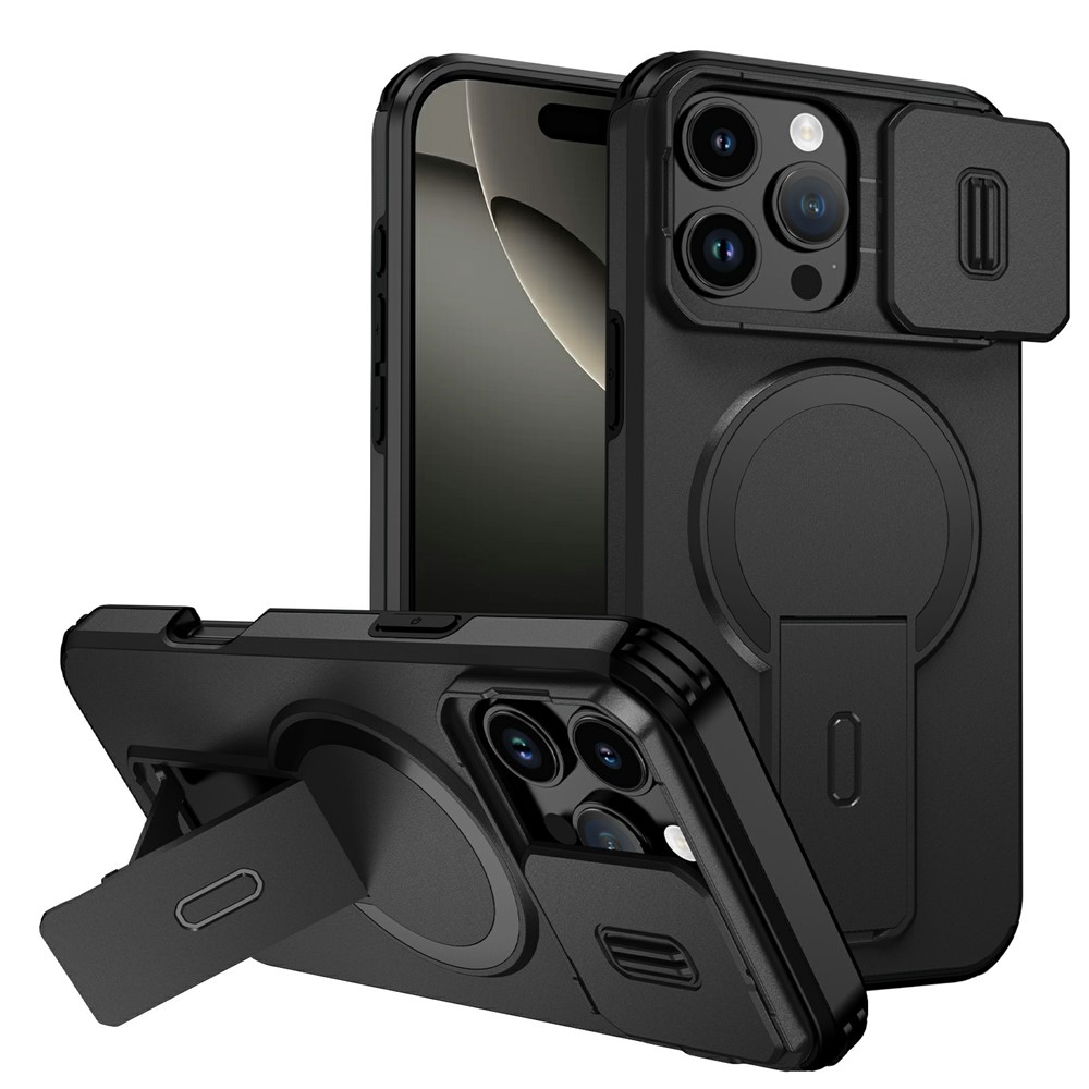 Bulk Purchasing For iPhone 16 Pro Max Magnetic Phone Case PC + TPU Cover with Hidden Kickstand and Sliding Camera Cover - Black