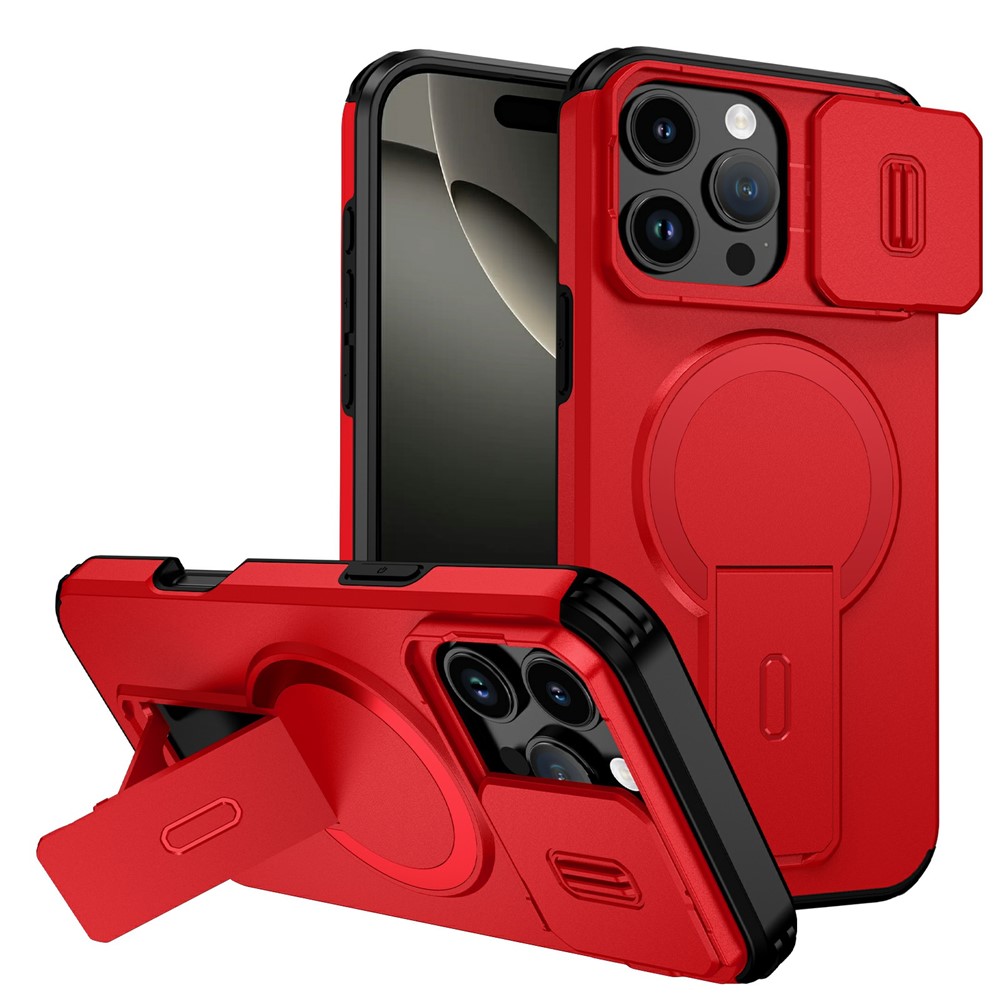 Bulk Purchasing For iPhone 16 Pro Max Magnetic Phone Case PC + TPU Cover with Hidden Kickstand and Sliding Camera Cover - Red