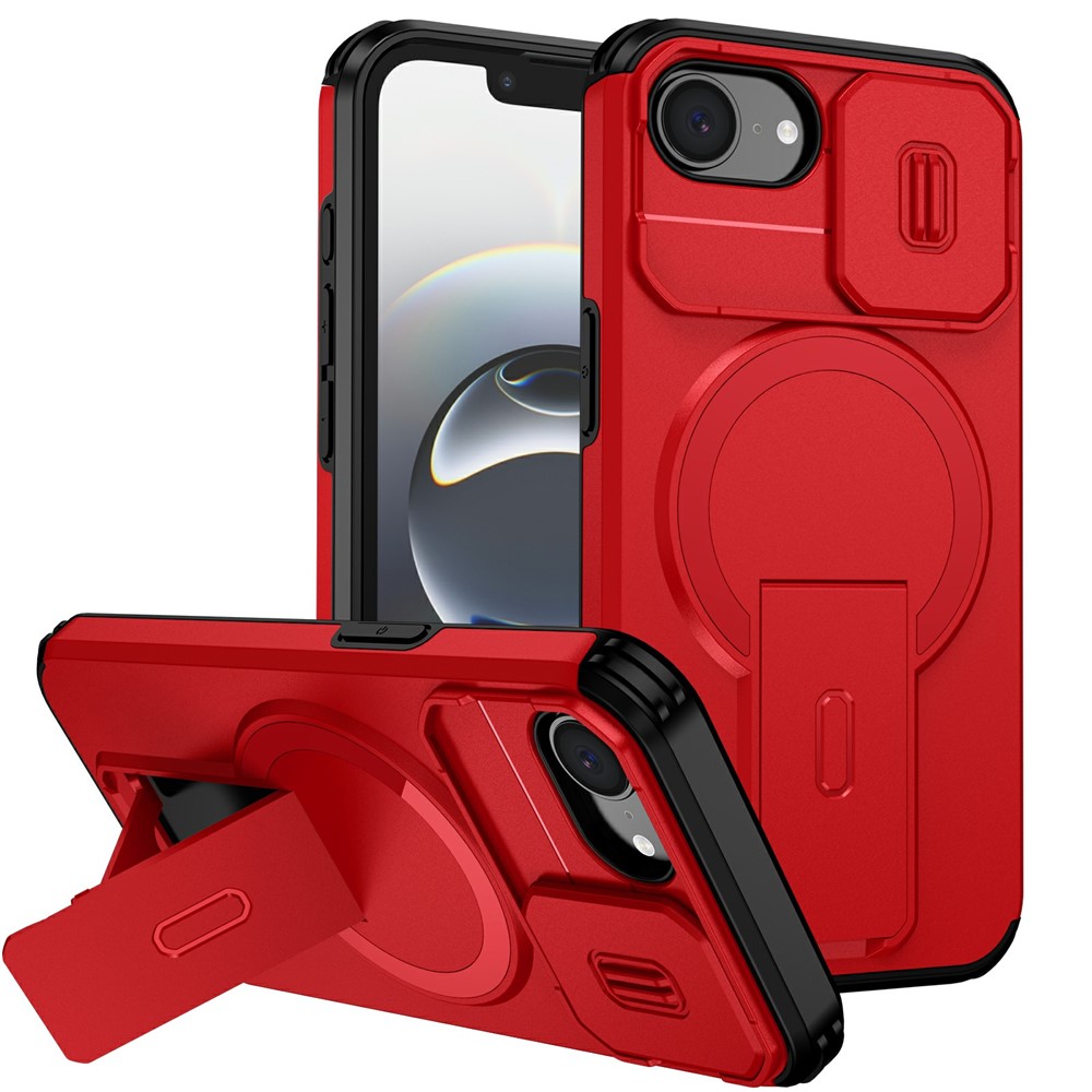 Bulk Purchasing For iPhone 16e Magnetic Phone Case PC + TPU Cover with Hidden Kickstand and Sliding Camera Cover - Red
