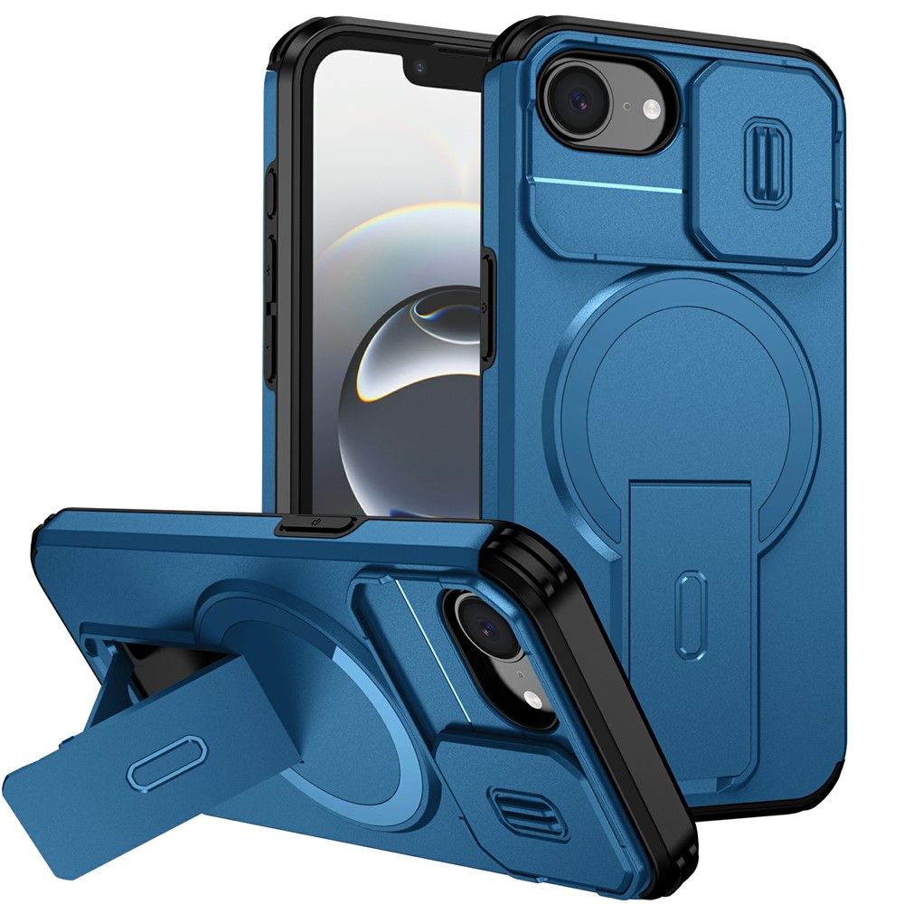 Bulk Purchasing For iPhone 16e Magnetic Phone Case PC + TPU Cover with Hidden Kickstand and Sliding Camera Cover - Blue