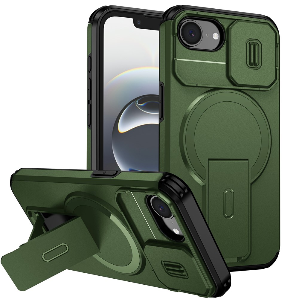 Bulk Purchasing For iPhone 16e Magnetic Phone Case PC + TPU Cover with Hidden Kickstand and Sliding Camera Cover - Green