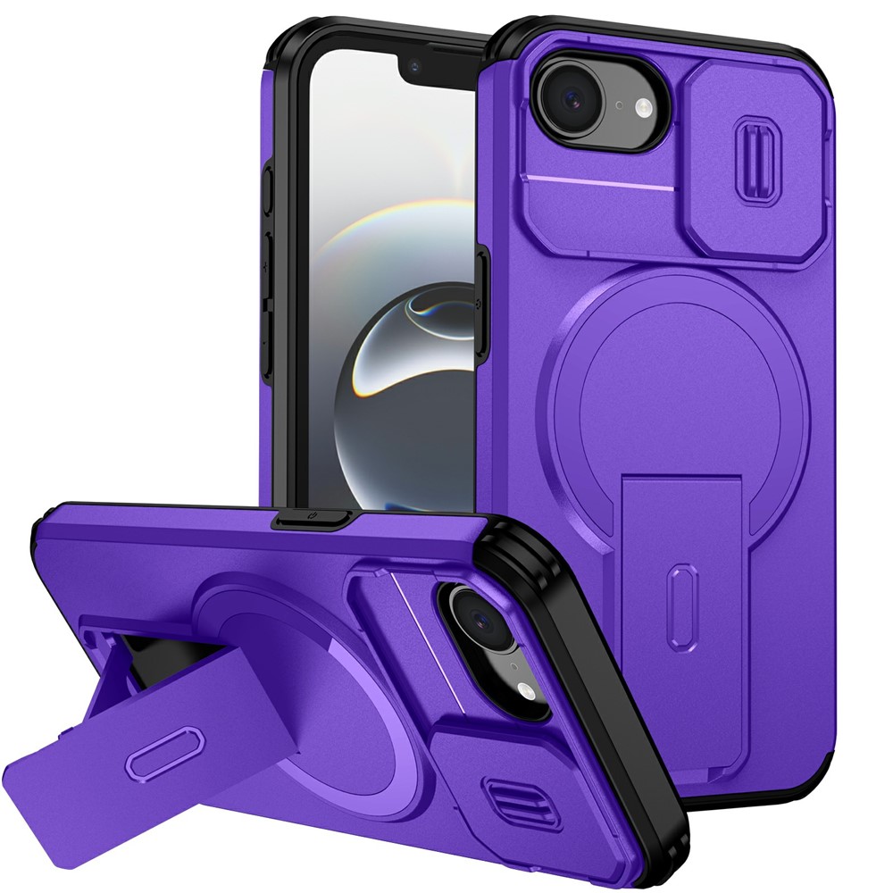 Bulk Purchasing For iPhone 16e Magnetic Phone Case PC + TPU Cover with Hidden Kickstand and Sliding Camera Cover - Purple