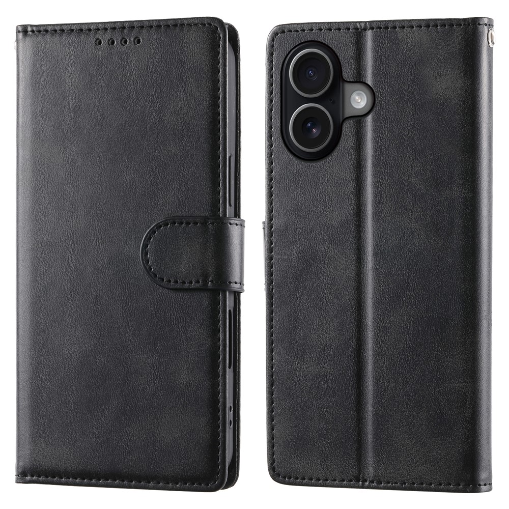For iPhone 17 Case Stand Wallet Calf Texture PU Leather Flip Phone Cover with Wrist Strap - Black