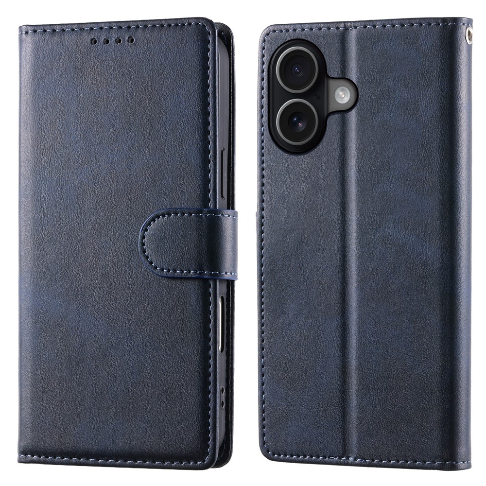 For iPhone 17 Case Stand Wallet Calf Texture PU Leather Flip Phone Cover with Wrist Strap - Blue