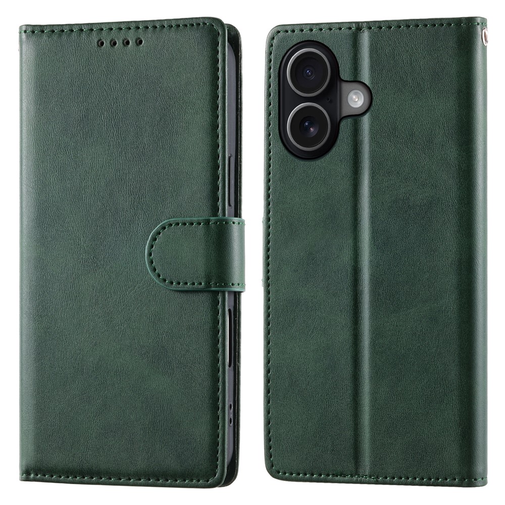 For iPhone 17 Case Stand Wallet Calf Texture PU Leather Flip Phone Cover with Wrist Strap - Green
