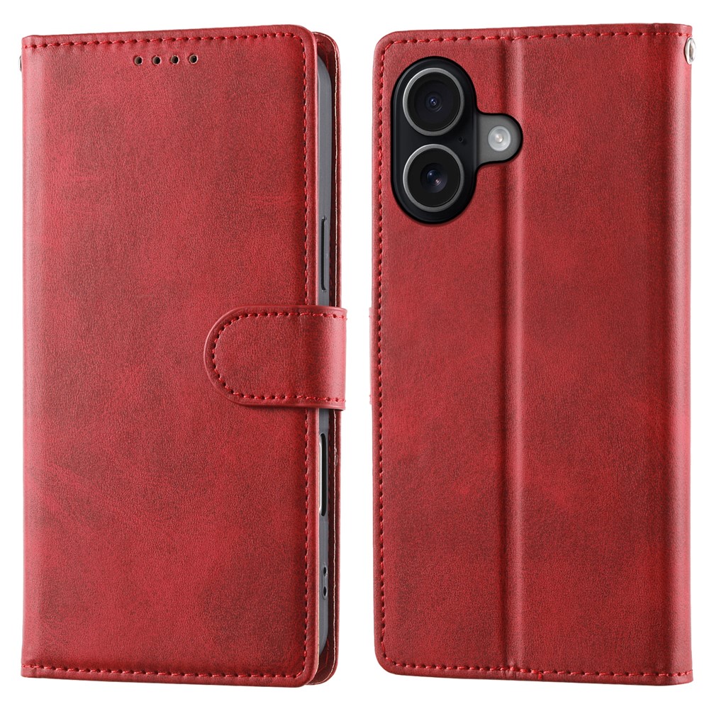 For iPhone 17 Case Stand Wallet Calf Texture PU Leather Flip Phone Cover with Wrist Strap - Red