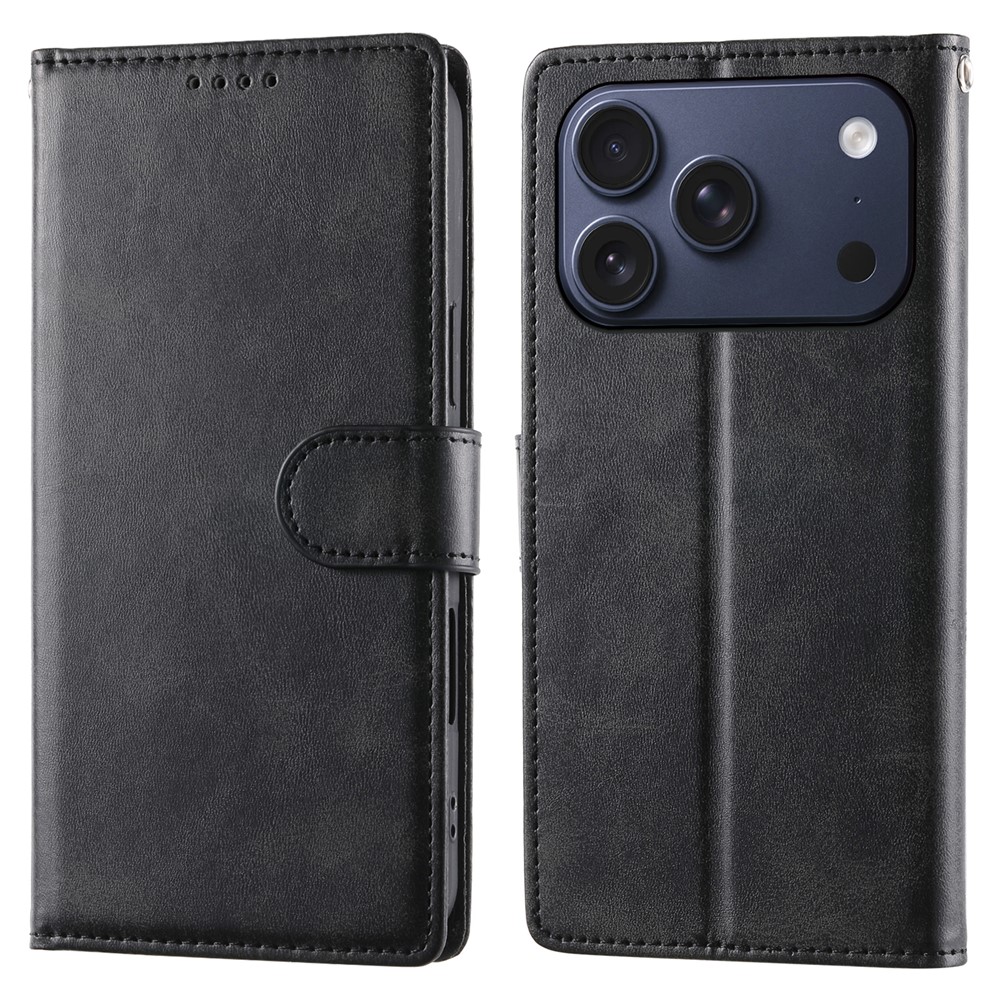 For iPhone 17 Pro Case Stand Wallet Calf Texture PU Leather Flip Phone Cover with Wrist Strap - Black