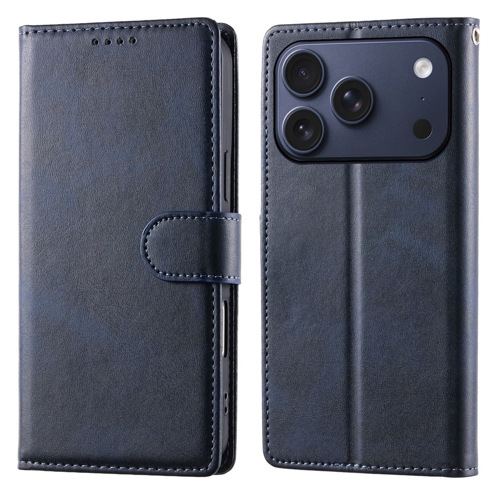 For iPhone 17 Pro Case Stand Wallet Calf Texture PU Leather Flip Phone Cover with Wrist Strap - Blue