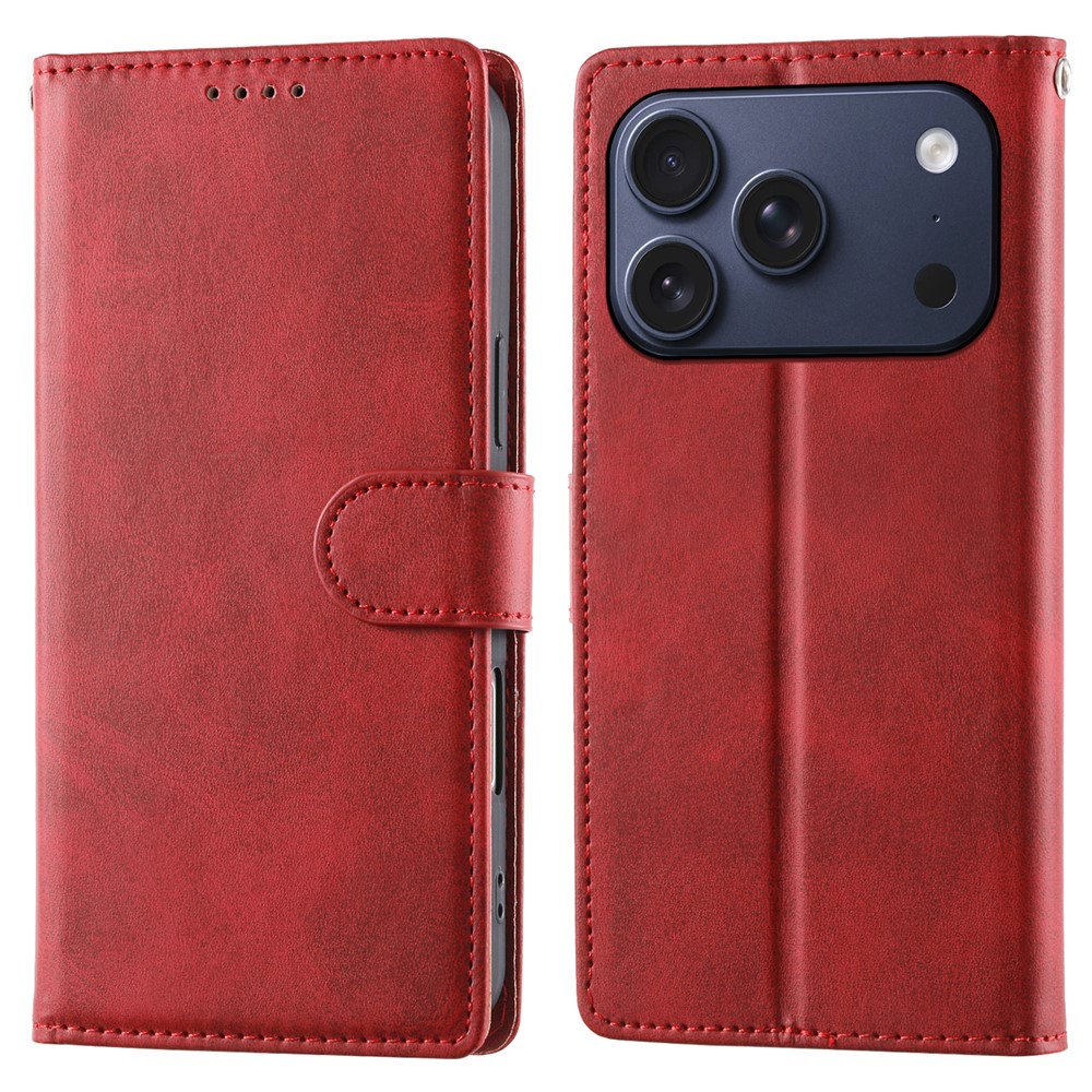 For iPhone 17 Pro Case Stand Wallet Calf Texture PU Leather Flip Phone Cover with Wrist Strap - Red