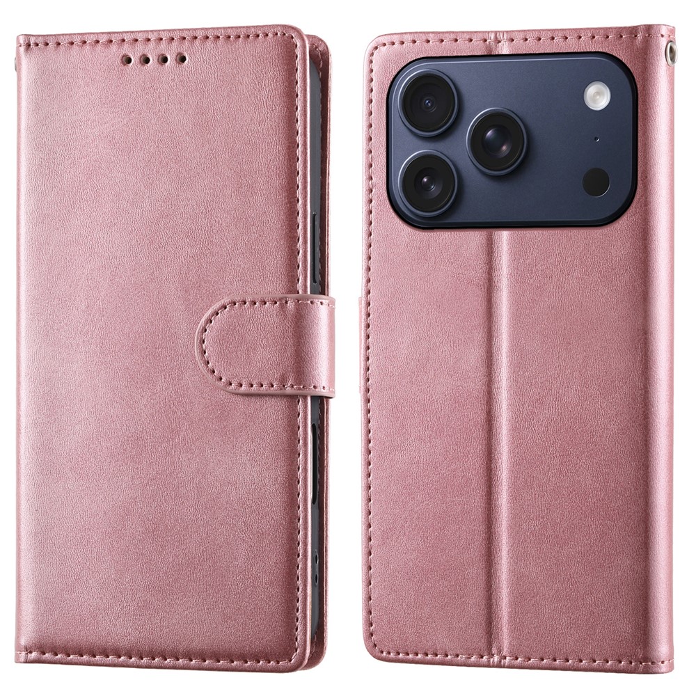 For iPhone 17 Pro Case Stand Wallet Calf Texture PU Leather Flip Phone Cover with Wrist Strap - Pink