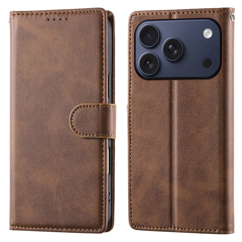 For iPhone 17 Pro Case Stand Wallet Calf Texture PU Leather Flip Phone Cover with Wrist Strap - Brown