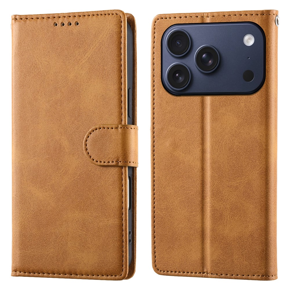 For iPhone 17 Pro Case Stand Wallet Calf Texture PU Leather Flip Phone Cover with Wrist Strap - Yellow