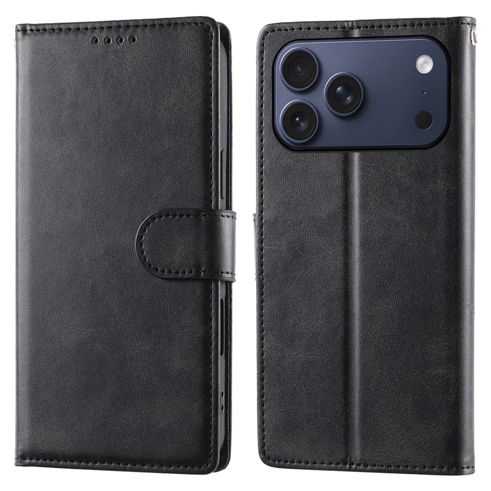 For iPhone 17 Pro Max Case Stand Wallet Calf Texture PU Leather Flip Phone Cover with Wrist Strap - Black