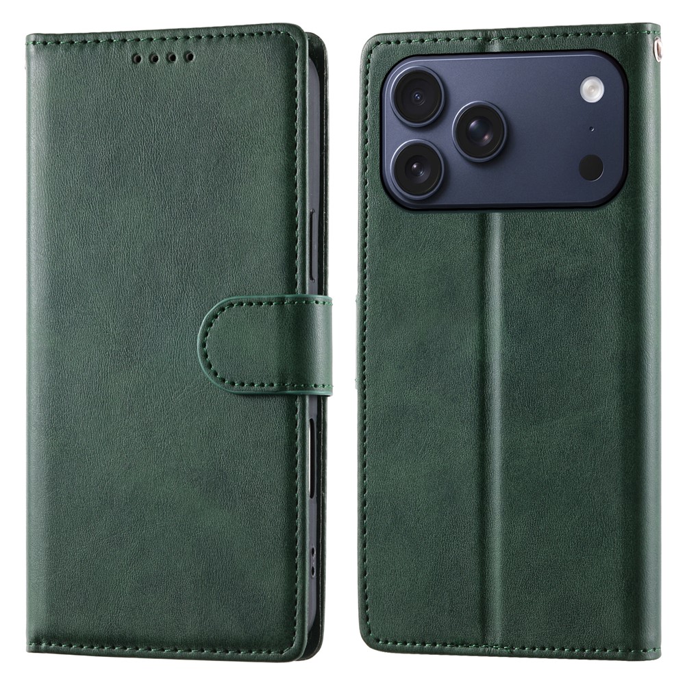 For iPhone 17 Pro Max Case Stand Wallet Calf Texture PU Leather Flip Phone Cover with Wrist Strap - Green