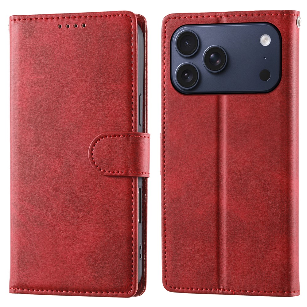 For iPhone 17 Pro Max Case Stand Wallet Calf Texture PU Leather Flip Phone Cover with Wrist Strap - Red