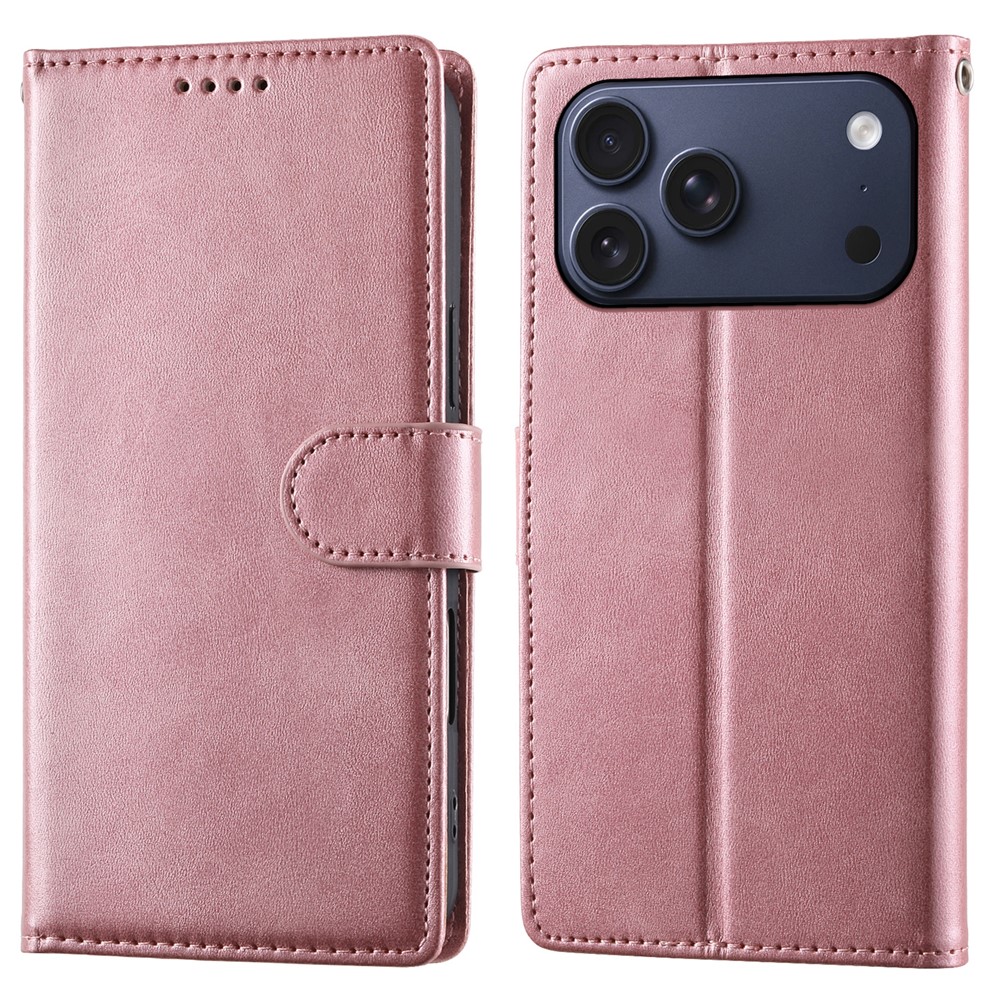 For iPhone 17 Pro Max Case Stand Wallet Calf Texture PU Leather Flip Phone Cover with Wrist Strap - Pink