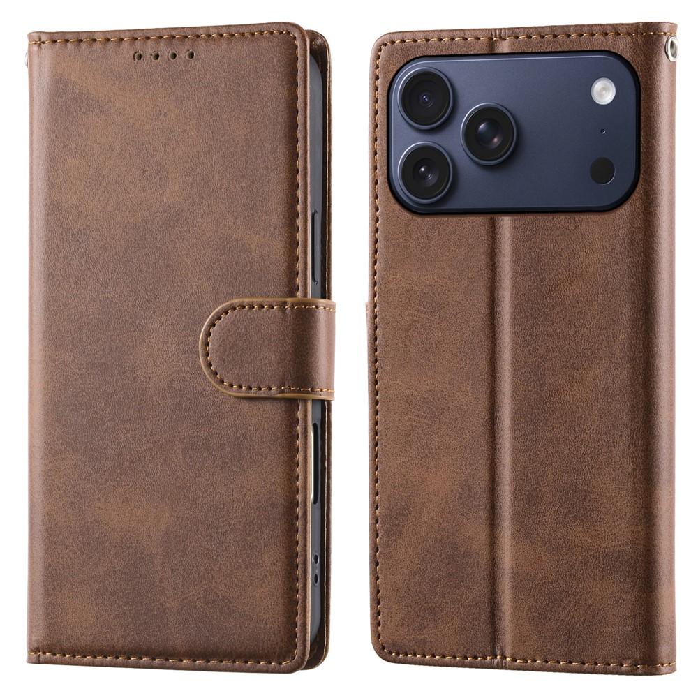 For iPhone 17 Pro Max Case Stand Wallet Calf Texture PU Leather Flip Phone Cover with Wrist Strap - Brown