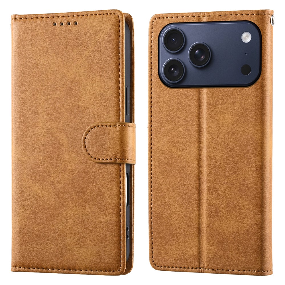 For iPhone 17 Pro Max Case Stand Wallet Calf Texture PU Leather Flip Phone Cover with Wrist Strap - Yellow