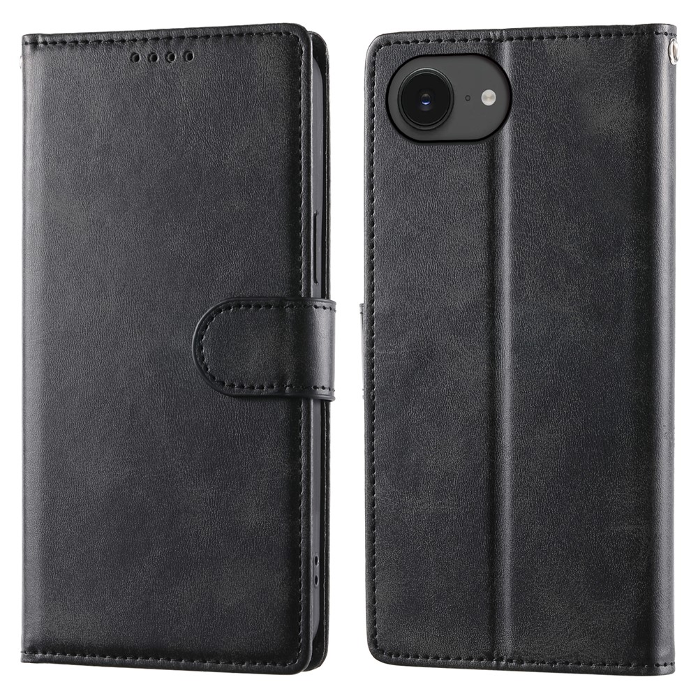 For iPhone 16e Case Stand Wallet Calf Texture PU Leather Flip Phone Cover with Wrist Strap - Black