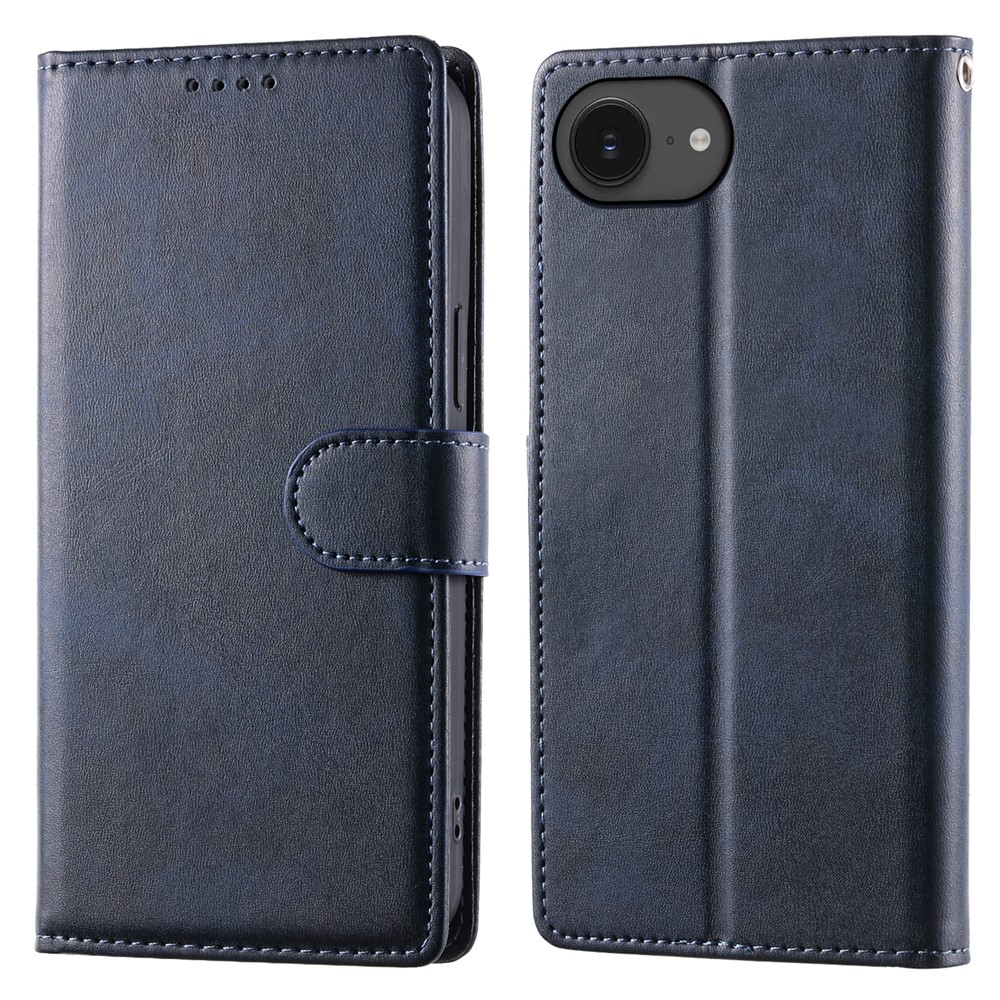 For iPhone 16e Case Stand Wallet Calf Texture PU Leather Flip Phone Cover with Wrist Strap - Blue