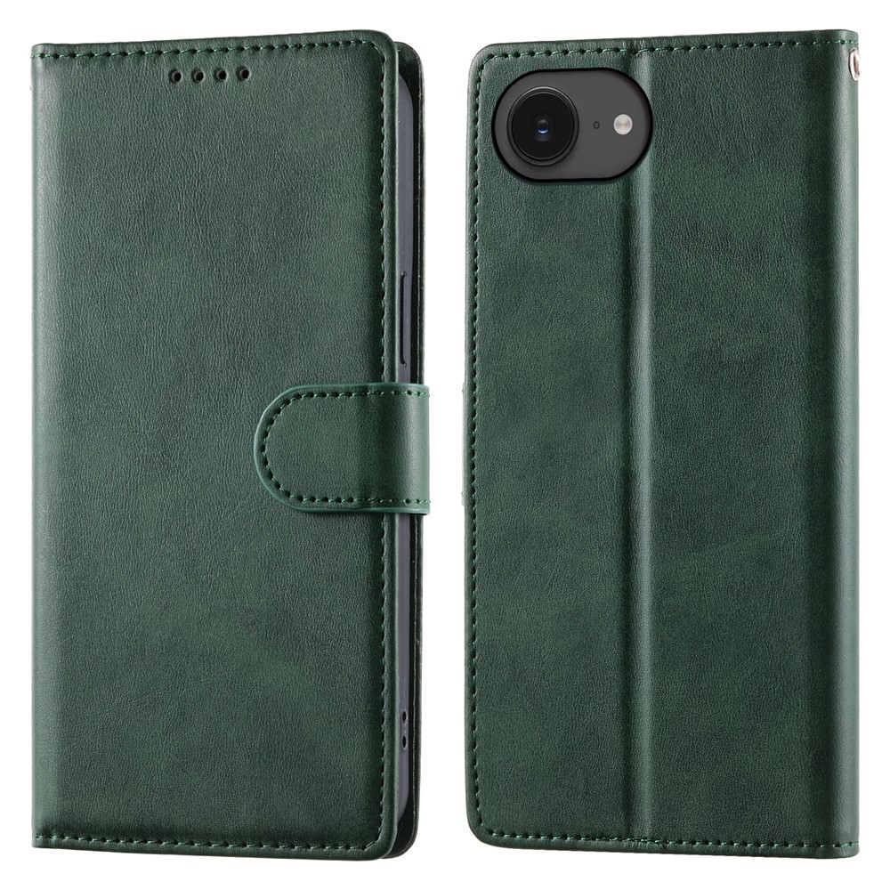 For iPhone 16e Case Stand Wallet Calf Texture PU Leather Flip Phone Cover with Wrist Strap - Green