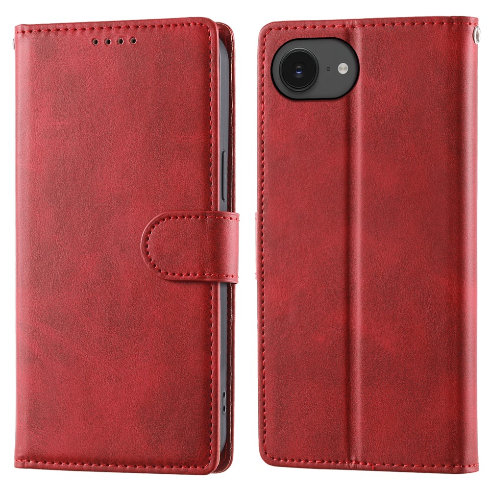 For iPhone 16e Case Stand Wallet Calf Texture PU Leather Flip Phone Cover with Wrist Strap - Red
