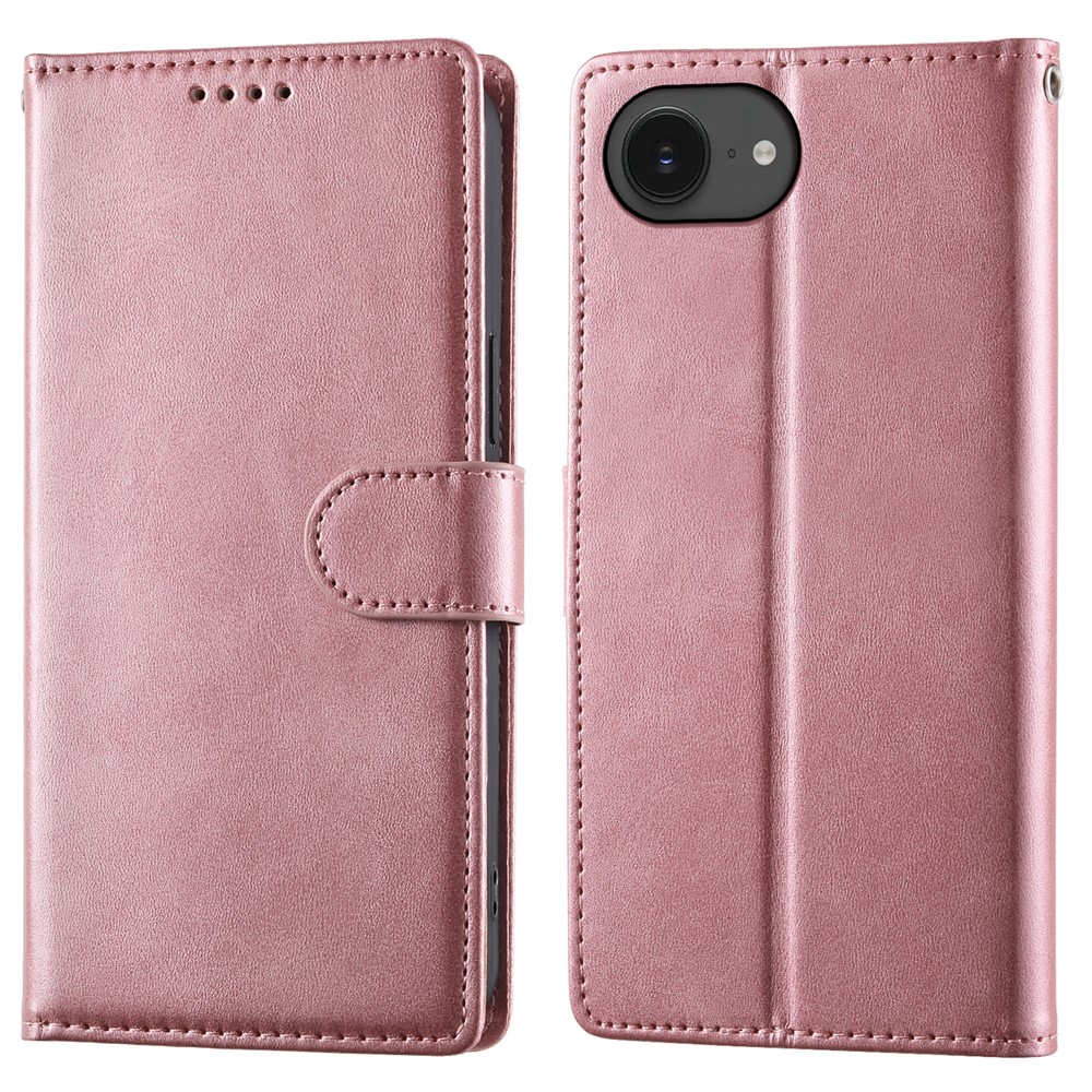 For iPhone 16e Case Stand Wallet Calf Texture PU Leather Flip Phone Cover with Wrist Strap - Pink