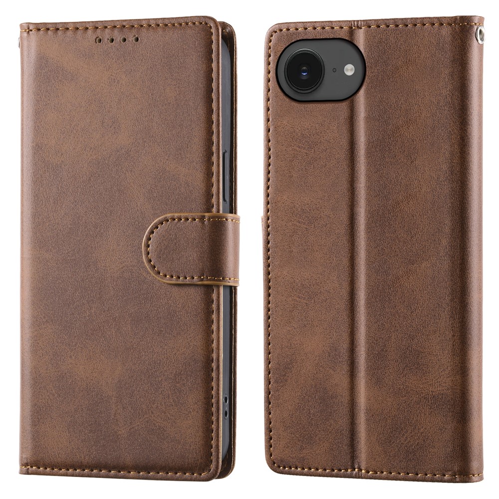 For iPhone 16e Case Stand Wallet Calf Texture PU Leather Flip Phone Cover with Wrist Strap - Brown