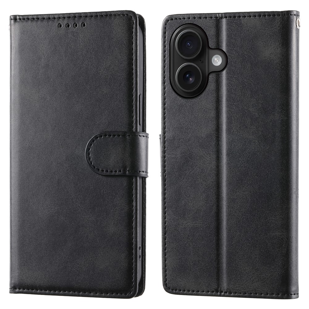 For iPhone 16 Case Stand Wallet Calf Texture PU Leather Flip Phone Cover with Wrist Strap - Black