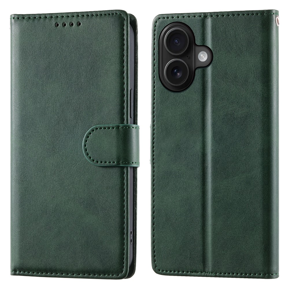 For iPhone 16 Case Stand Wallet Calf Texture PU Leather Flip Phone Cover with Wrist Strap - Green