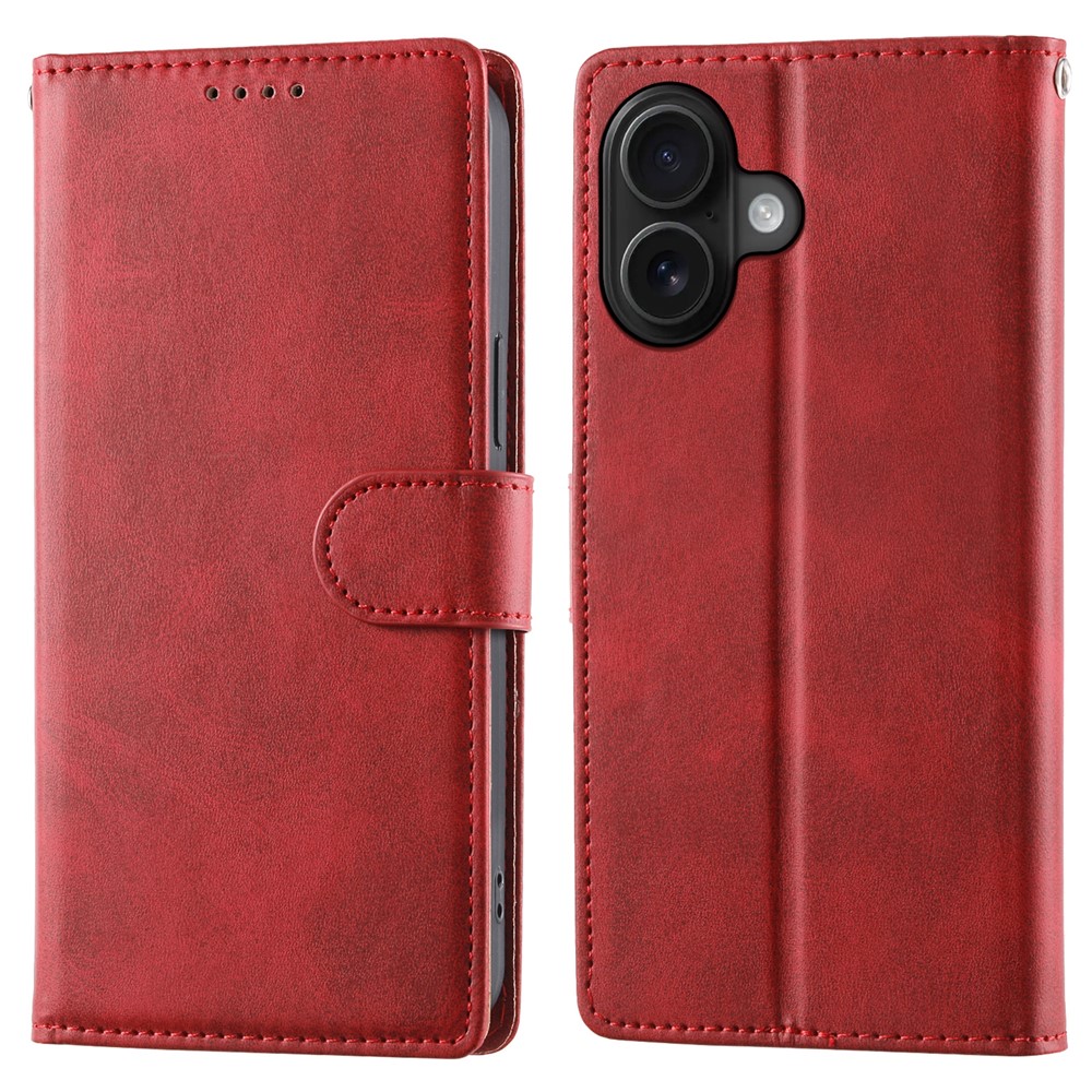 For iPhone 16 Case Stand Wallet Calf Texture PU Leather Flip Phone Cover with Wrist Strap - Red