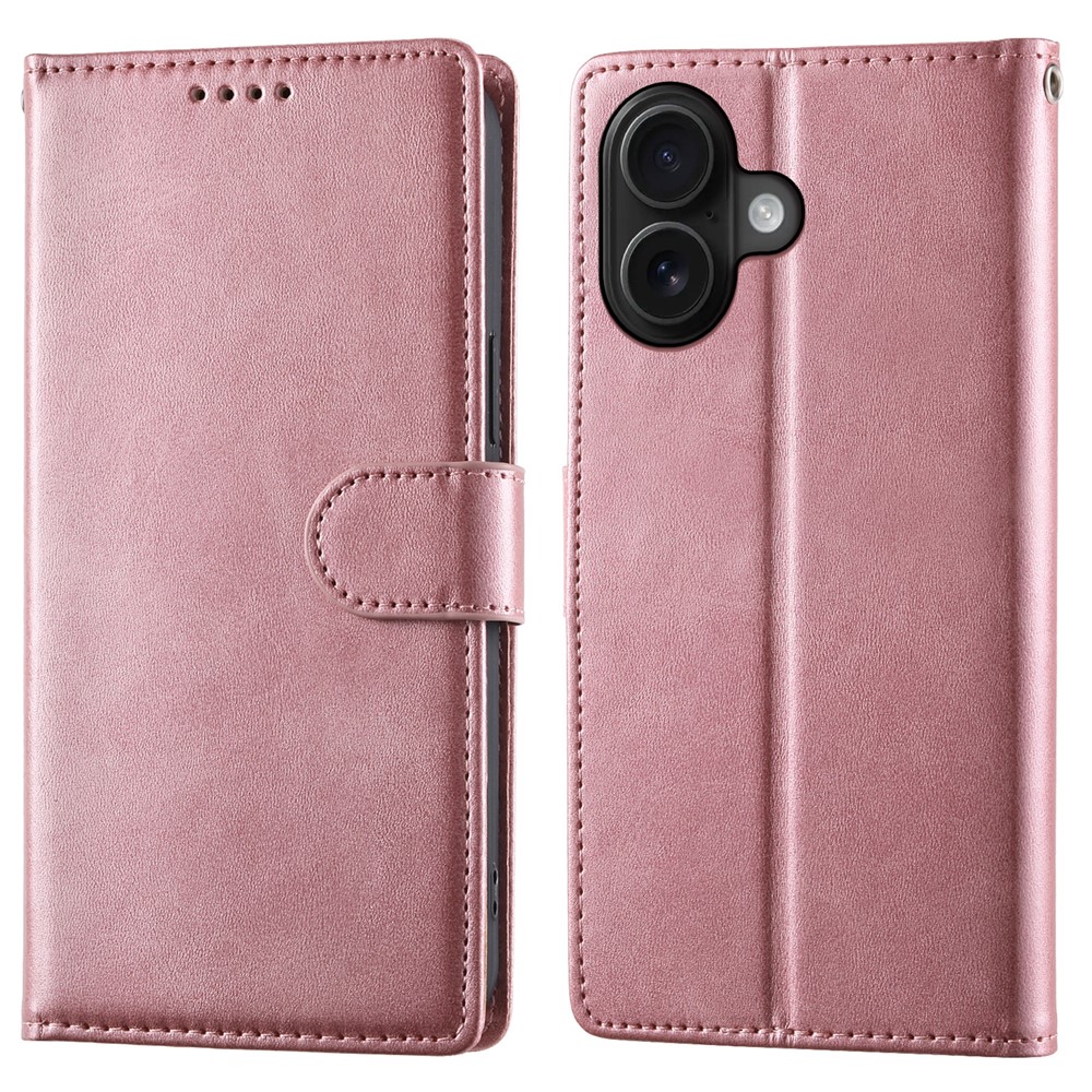 For iPhone 16 Case Stand Wallet Calf Texture PU Leather Flip Phone Cover with Wrist Strap - Pink