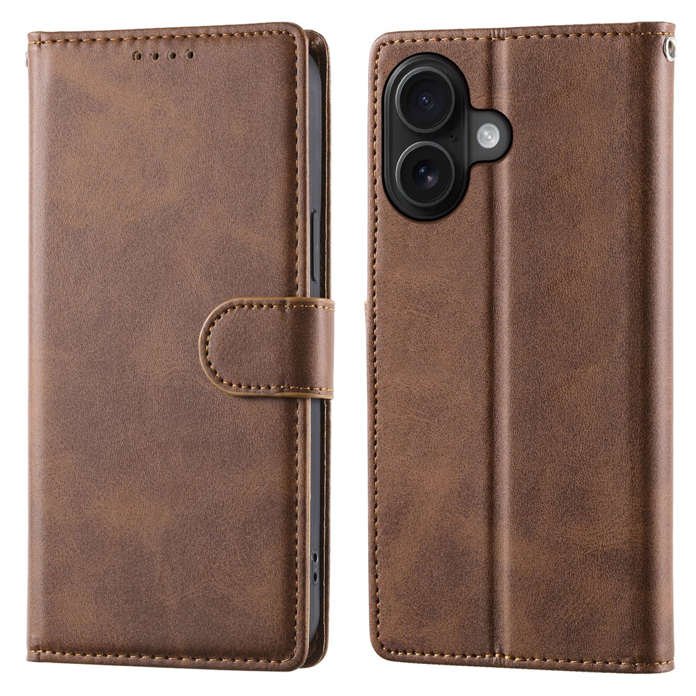 For iPhone 16 Case Stand Wallet Calf Texture PU Leather Flip Phone Cover with Wrist Strap - Brown