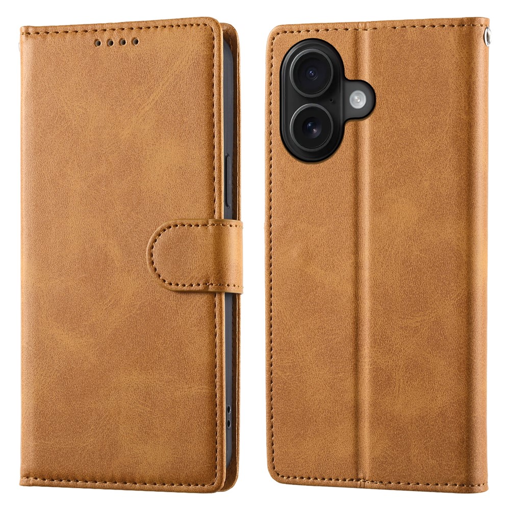 For iPhone 16 Case Stand Wallet Calf Texture PU Leather Flip Phone Cover with Wrist Strap - Yellow