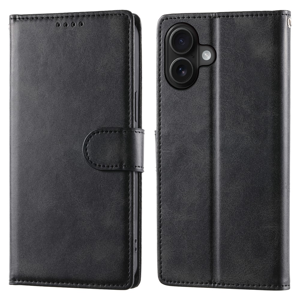 For iPhone 16 Plus Case Stand Wallet Calf Texture PU Leather Flip Phone Cover with Wrist Strap - Black